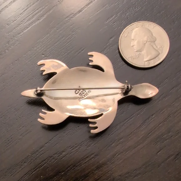 Cii 925 Mexico Sterling Silver Ocean Jasper Sea Turtle Brooch Pin Vintage - Picture 7 of 9